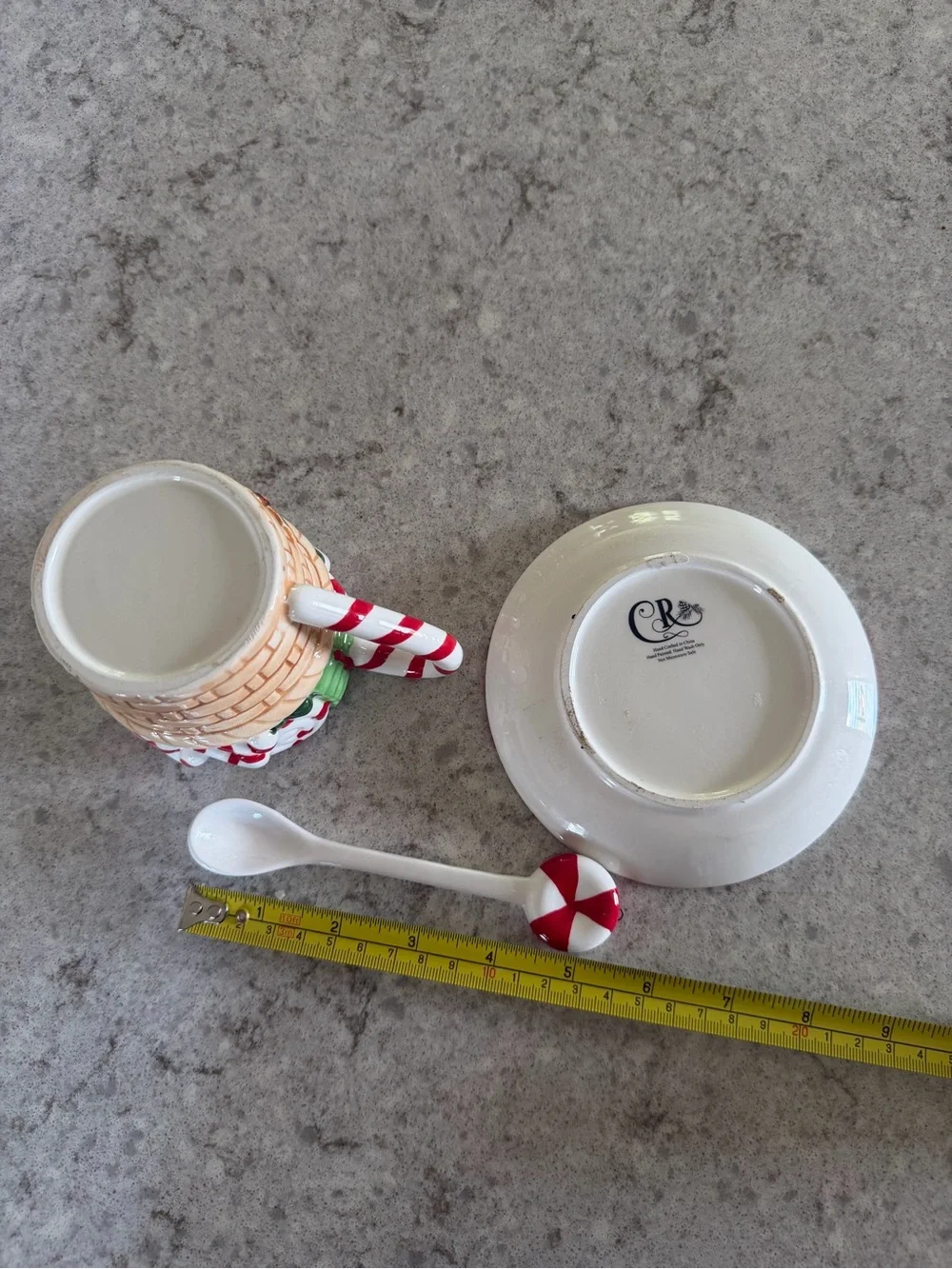 Corner Ruby holiday Christmas candy cane peppermint tea cup set - saucer & spoon